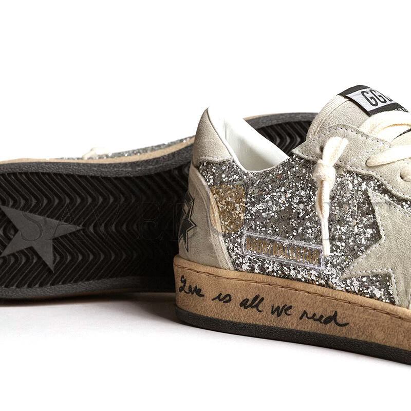 GOLDEN GOOSE WOMEN’S BALL STAR IN SILVER GLITTER WITH ICE-GRAY SUEDE INSERTS GWF00117